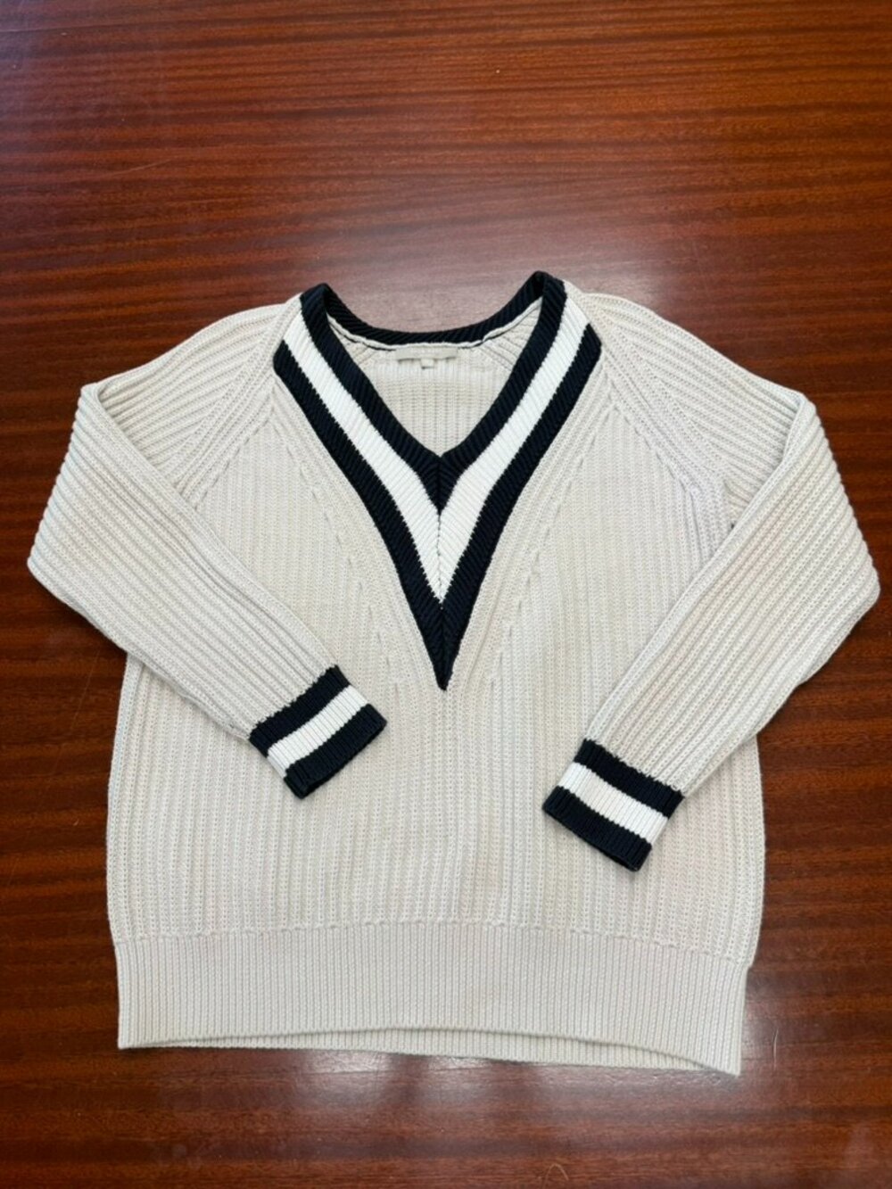 Joan Vass Studio Varsity V-Neck Sweater — Size M